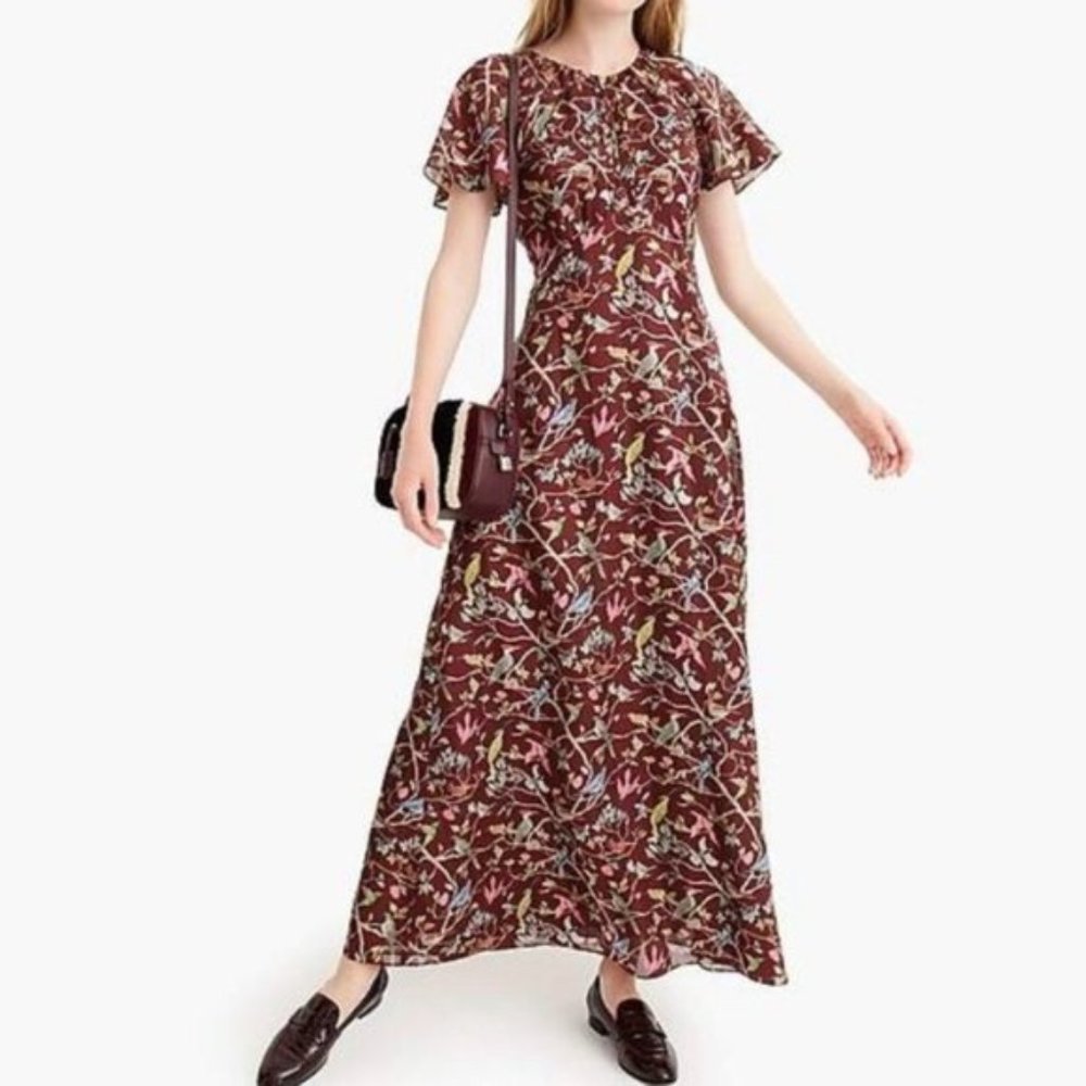 Point Sur J. Crew Brown Bird Menagerie Flutter Sleeve A-line Maxi‎ Dress 12